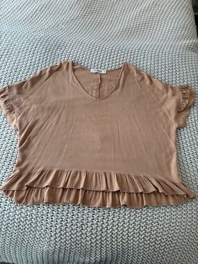 Three Bird Nest Tan Ruffle Hem V-Neck Crop Top
